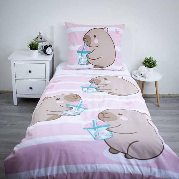 Set copripiumino e federa da bambini rosa in cotone per letto singolo 140x200 cm Kapybara – Jerry Fabrics