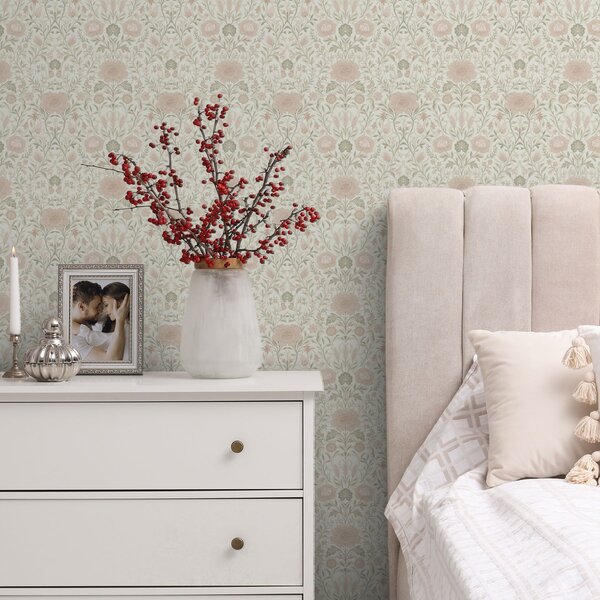 Carta da parati Stile Morris: peonie ed erbe in delicati toni di beige e verde, Parati fiori e piante classici, a00581 : Uwalls.it