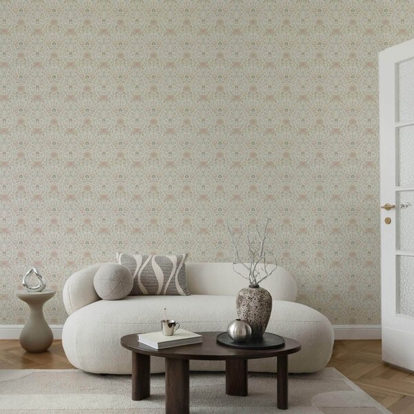 Carta da parati Stile Morris: peonie ed erbe in delicati toni di beige e verde, Parati fiori e piante classici, a00581 : Uwalls.it