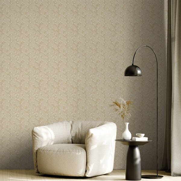 Carta da parati Piccoli rametti bianchi su sfondo di lino beige, Parati fiori e piante classici, a00584 : Uwalls.it