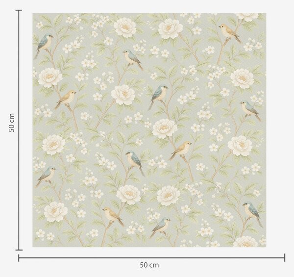 Carta da parati Uccelli tra fiori bianchi su sfondo grigio-verde, Parati fiori e piante classici, a00583 : Uwalls.it