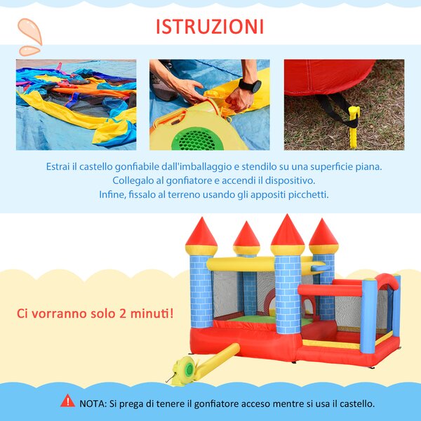Outsunny Castello Gonfiabile rapido e Rimbalzante per 3-8 Anni con Scivolo e trampolino, Piscina e Canestro, 280x260x210 cm, colorato | Aosom Italy
