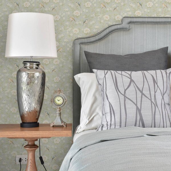 Carta da parati Uccelli tra fiori bianchi su sfondo grigio-verde, Parati fiori e piante classici, a00583 : Uwalls.it