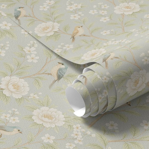 Carta da parati Uccelli tra fiori bianchi su sfondo grigio-verde, Parati fiori e piante classici, a00583 : Uwalls.it