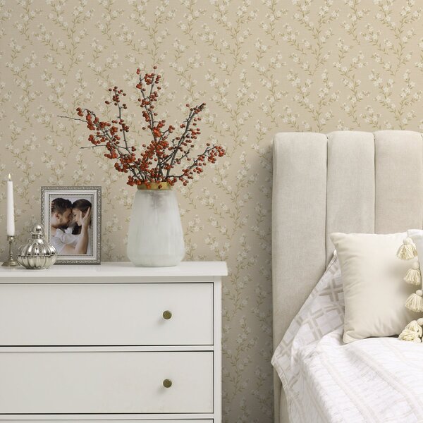Carta da parati Piccoli rametti bianchi su sfondo di lino beige, Parati fiori e piante classici, a00584 : Uwalls.it