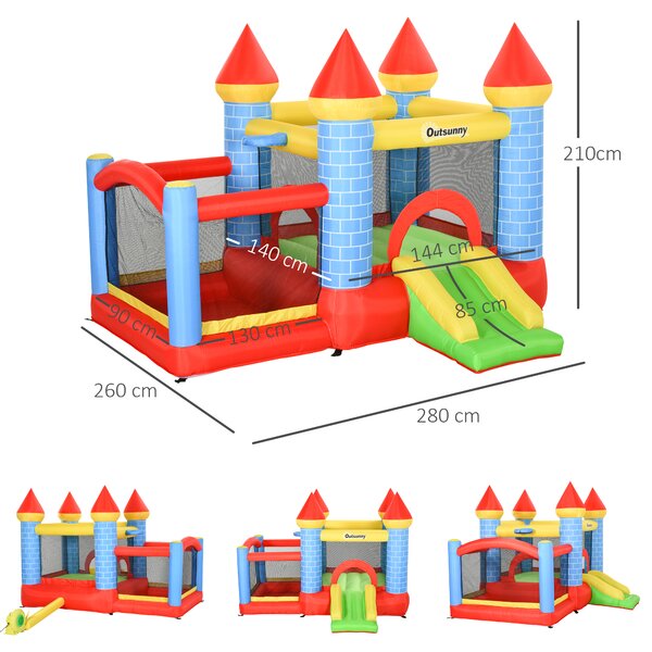 Outsunny Castello Gonfiabile rapido e Rimbalzante per 3-8 Anni con Scivolo e trampolino, Piscina e Canestro, 280x260x210 cm, colorato | Aosom Italy