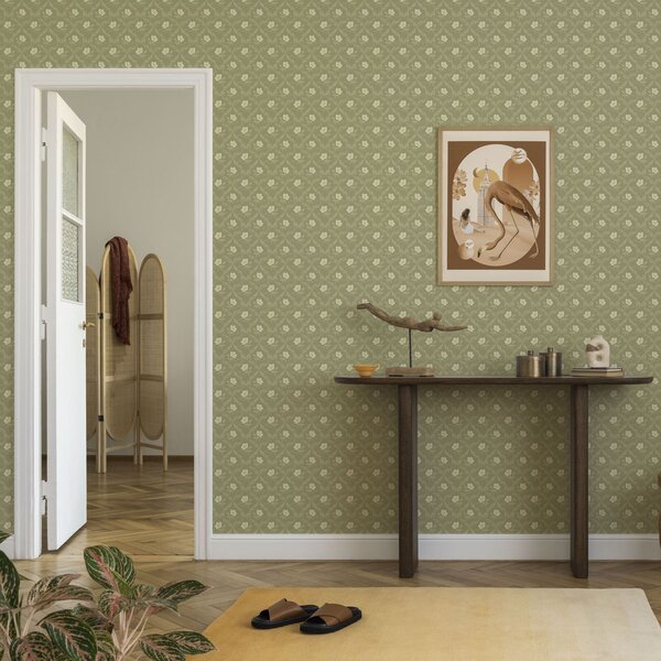 Carta da parati Pergola di ulivo con fiori color crema, ornamento retrò, Parati fiori e piante classici, a00585 : Uwalls.it