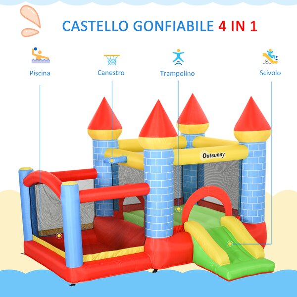 Outsunny Castello Gonfiabile rapido e Rimbalzante per 3-8 Anni con Scivolo e trampolino, Piscina e Canestro, 280x260x210 cm, colorato | Aosom Italy