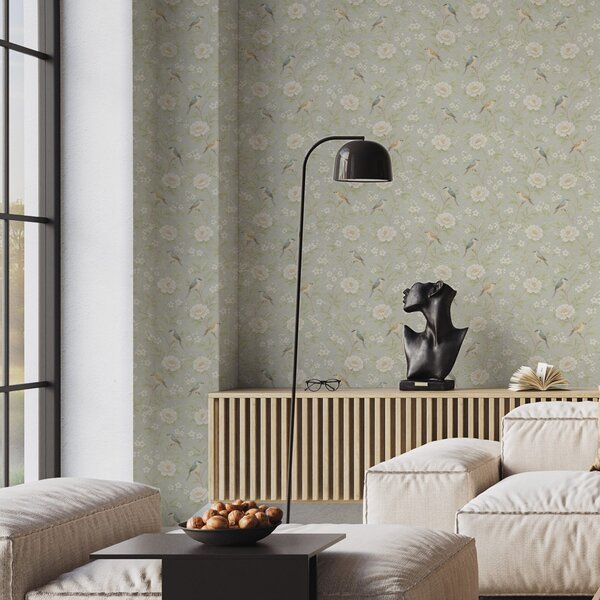 Carta da parati Uccelli tra fiori bianchi su sfondo grigio-verde, Parati fiori e piante classici, a00583 : Uwalls.it