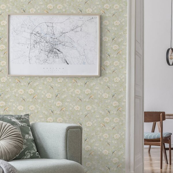 Carta da parati Uccelli tra fiori bianchi su sfondo grigio-verde, Parati fiori e piante classici, a00583 : Uwalls.it