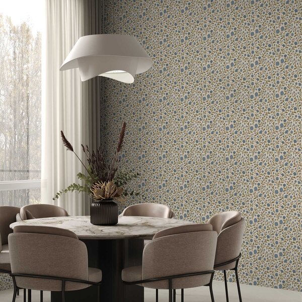 Carta da parati Fiordalisi e germogli su sfondo beige, Parati fiori e piante classici, a00588 : Uwalls.it