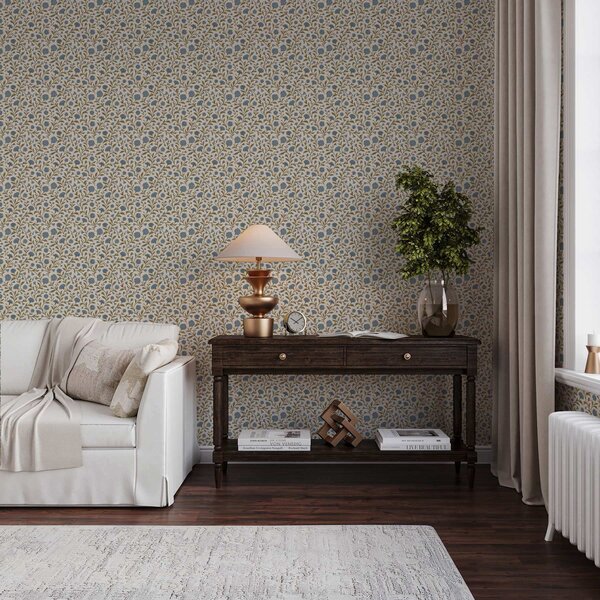 Carta da parati Fiordalisi e germogli su sfondo beige, Parati fiori e piante classici, a00588 : Uwalls.it