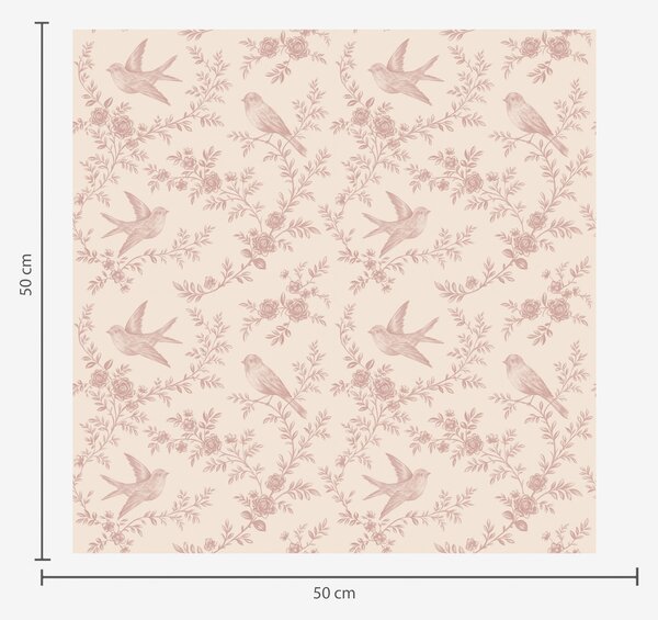 Carta da parati Uccelli e rose, motivo vintage su rosa cipria, Parati fiori e piante classici, a00587 : Uwalls.it