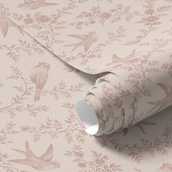 Carta da parati Uccelli e rose, motivo vintage su rosa cipria, Parati fiori e piante classici, a00587 : Uwalls.it
