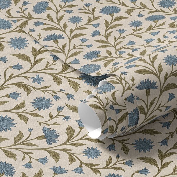 Carta da parati Fiordalisi e germogli su sfondo beige, Parati fiori e piante classici, a00588 : Uwalls.it