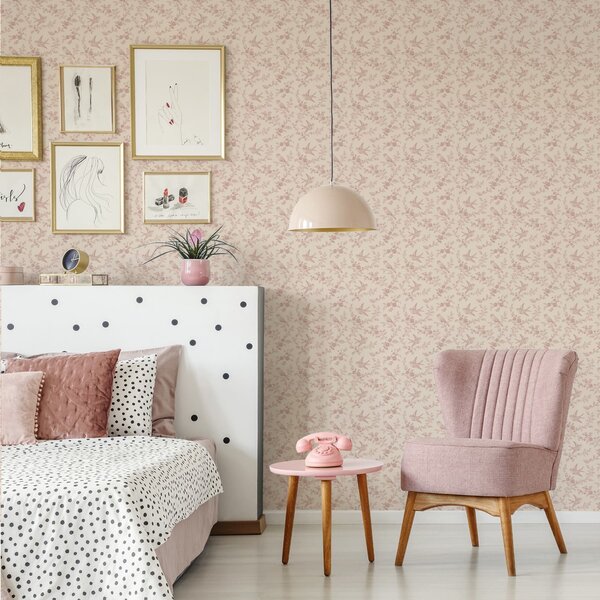 Carta da parati Uccelli e rose, motivo vintage su rosa cipria, Parati fiori e piante classici, a00587 : Uwalls.it