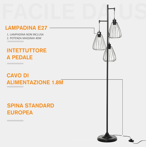 HOMCOM Lampada da Terra Design Vintage Industriale in Metallo Nero, Lampada a Piantana Moderna Diametro 35 x 170cm|Aosom