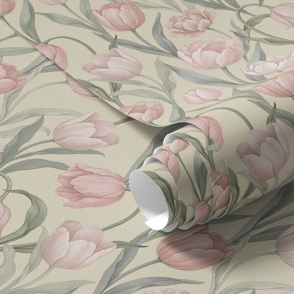 Carta da parati Tulipani rosa tenue su un delicato sfondo beige, Parati fiori e piante classici, a00589 : Uwalls.it
