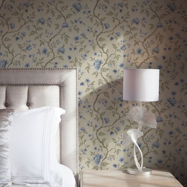 Carta da parati Rami fioriti blu su sfondo beige lino, Parati fiori e piante classici, a00590 : Uwalls.it