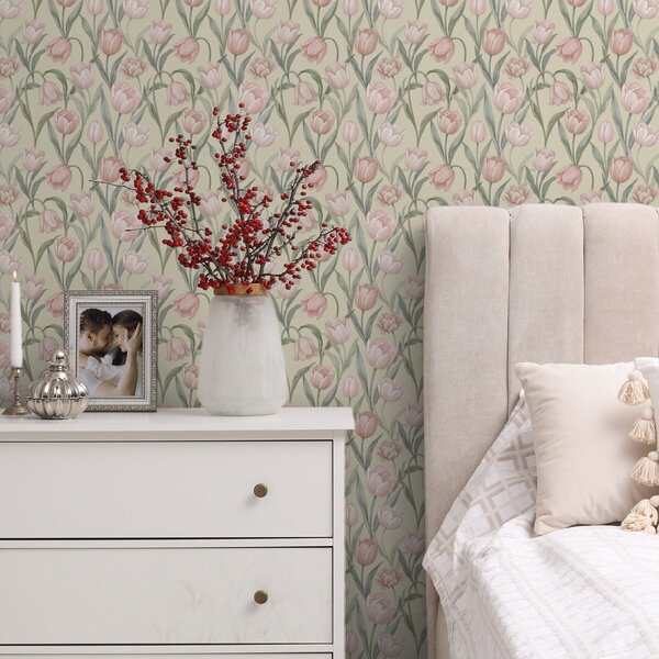 Carta da parati Tulipani rosa tenue su un delicato sfondo beige, Parati fiori e piante classici, a00589 : Uwalls.it