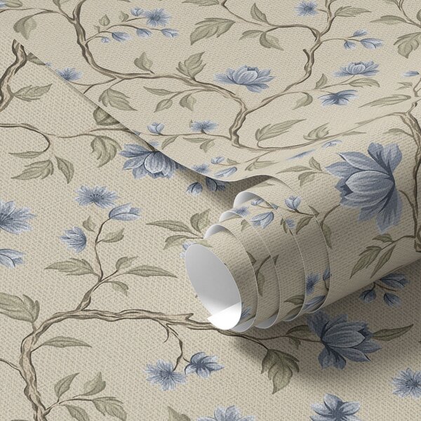 Carta da parati Rami fioriti blu su sfondo beige lino, Parati fiori e piante classici, a00590 : Uwalls.it
