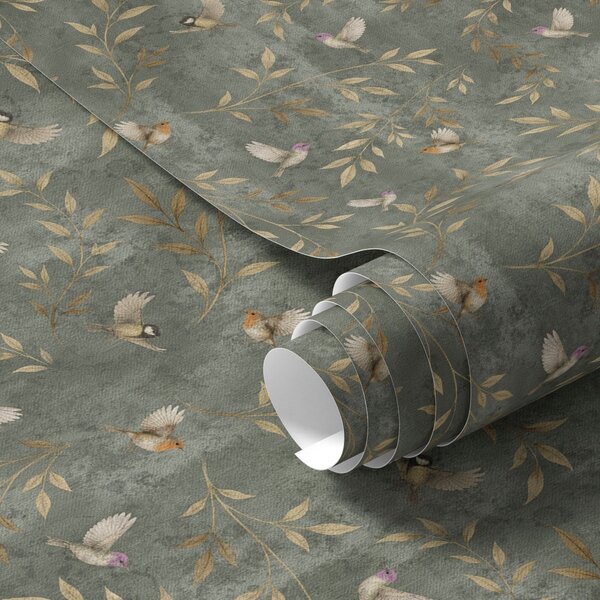 Carta da parati Uccelli tra foglie arancioni su sfondo verde intenso, Parati fiori e piante classici, a00591 : Uwalls.it