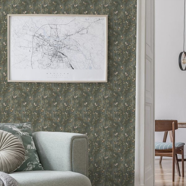 Carta da parati Uccelli tra foglie arancioni su sfondo verde intenso, Parati fiori e piante classici, a00591 : Uwalls.it