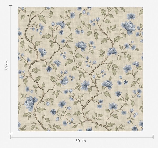 Carta da parati Rami fioriti blu su sfondo beige lino, Parati fiori e piante classici, a00590 : Uwalls.it