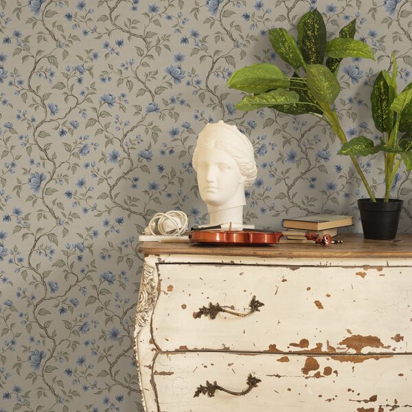 Carta da parati Rami fioriti blu su sfondo beige lino, Parati fiori e piante classici, a00590 : Uwalls.it