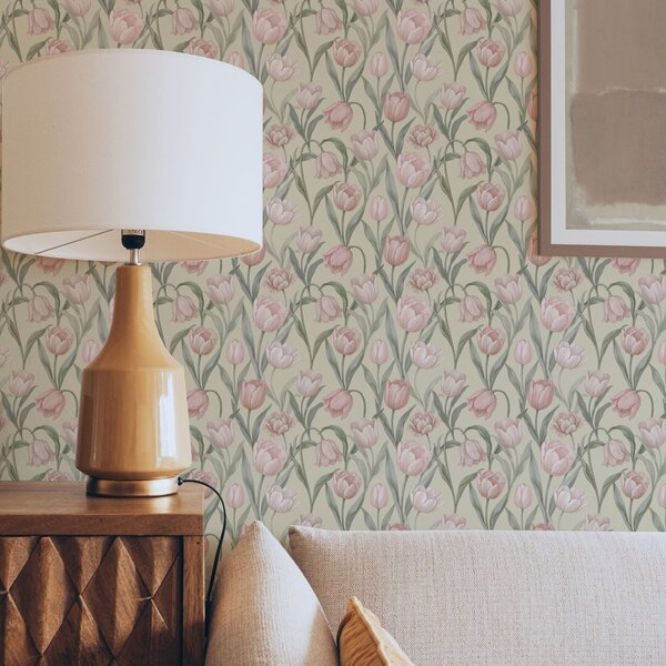 Carta da parati Tulipani rosa tenue su un delicato sfondo beige, Parati fiori e piante classici, a00589 : Uwalls.it