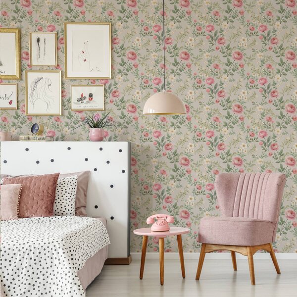 Carta da parati Peonie acquerellate e fiori bianchi su sfondo grigio-beige, Parati fiori e piante classici, a00592 : Uwalls.it