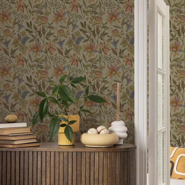 Carta da parati Fiori e uccelli vintage con uva su sfondo oliva, Parati fiori e piante classici, a00594 : Uwalls.it