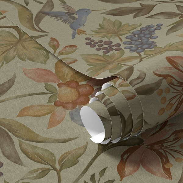 Carta da parati Fiori e uccelli vintage con uva su sfondo oliva, Parati fiori e piante classici, a00594 : Uwalls.it