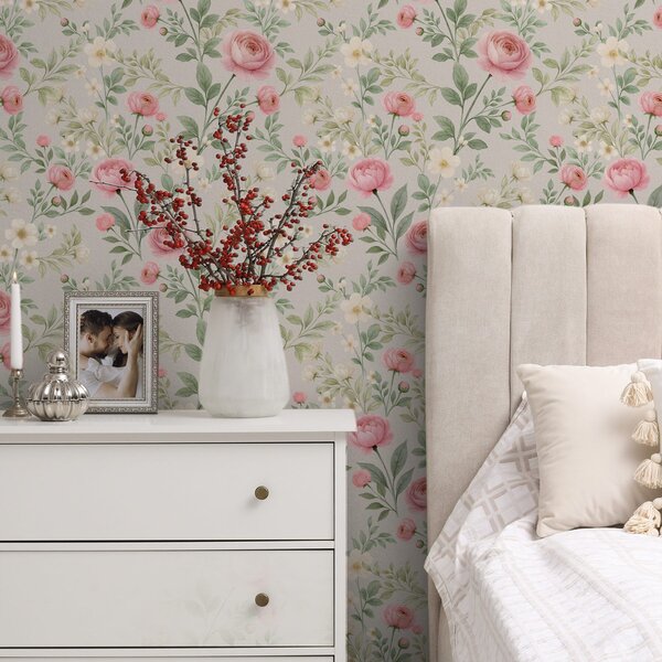 Carta da parati Peonie acquerellate e fiori bianchi su sfondo grigio-beige, Parati fiori e piante classici, a00592 : Uwalls.it