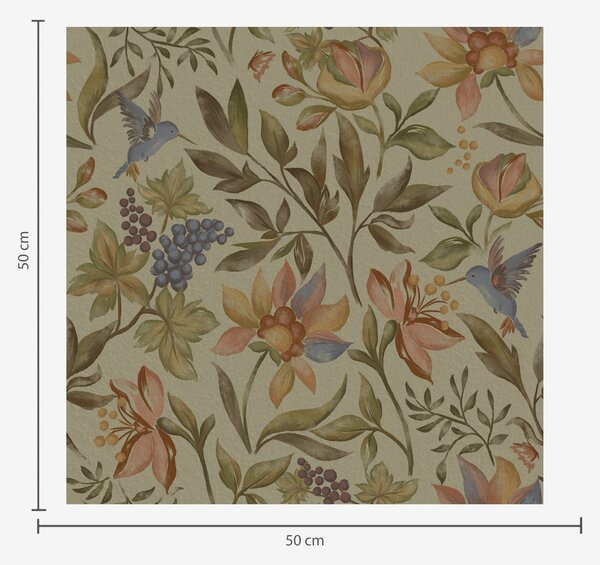 Carta da parati Fiori e uccelli vintage con uva su sfondo oliva, Parati fiori e piante classici, a00594 : Uwalls.it