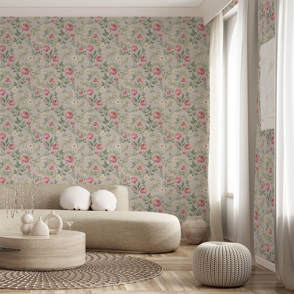 Carta da parati Peonie acquerellate e fiori bianchi su sfondo grigio-beige, Parati fiori e piante classici, a00592 : Uwalls.it