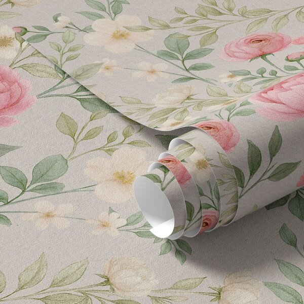Carta da parati Peonie acquerellate e fiori bianchi su sfondo grigio-beige, Parati fiori e piante classici, a00592 : Uwalls.it