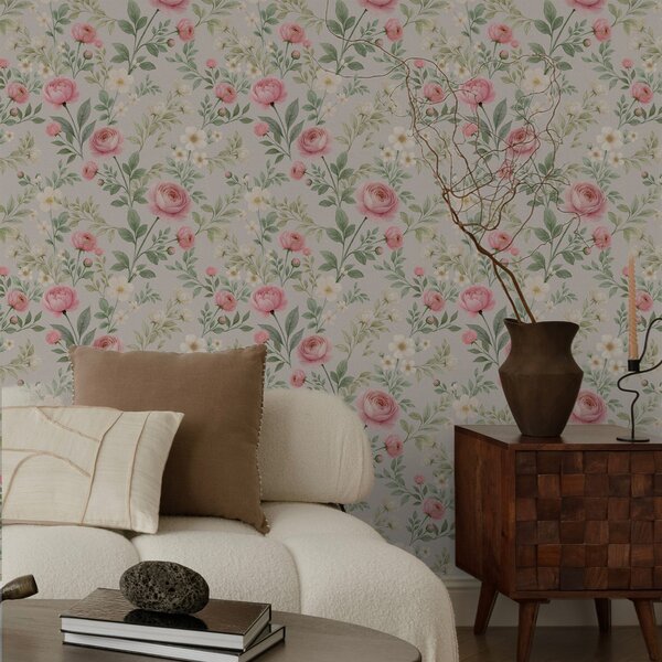 Carta da parati Peonie acquerellate e fiori bianchi su sfondo grigio-beige, Parati fiori e piante classici, a00592 : Uwalls.it