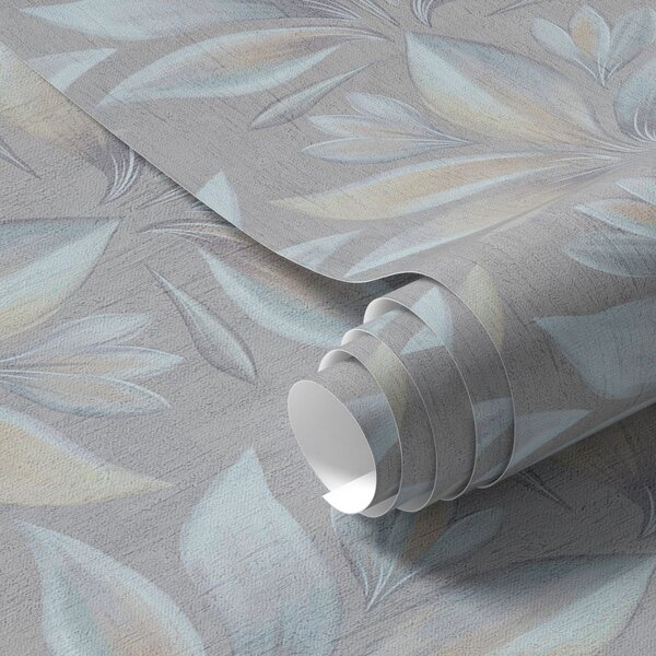 Carta da parati Grandi foglie stilizzate in una palette blu-sabbia su sfondo grigio, Parati fiori e piante classici, a00601 : Uwalls.it