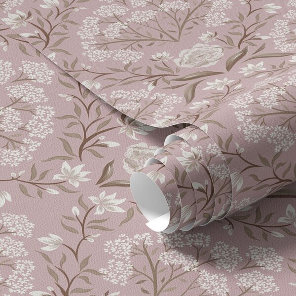 Carta da parati Damasco rosa: peonie, bucaneve e grappoli di pizzo, Parati fiori e piante classici, a00603 : Uwalls.it