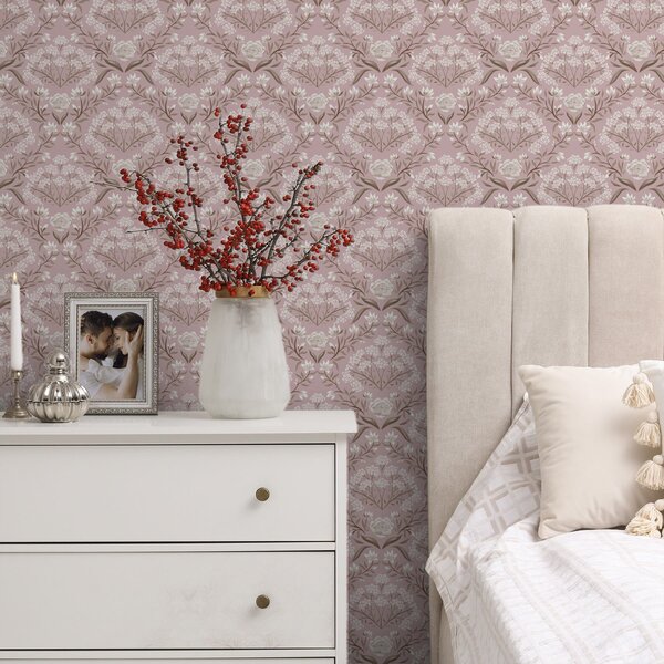 Carta da parati Damasco rosa: peonie, bucaneve e grappoli di pizzo, Parati fiori e piante classici, a00603 : Uwalls.it