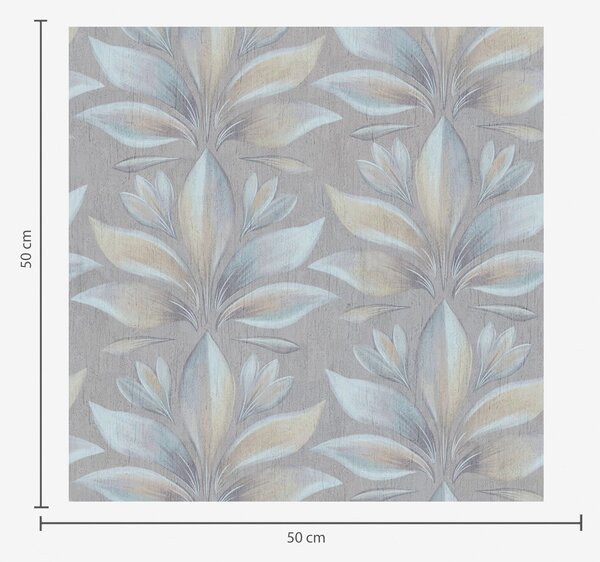Carta da parati Grandi foglie stilizzate in una palette blu-sabbia su sfondo grigio, Parati fiori e piante classici, a00601 : Uwalls.it