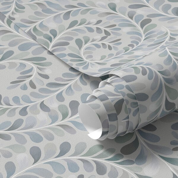 Carta da parati Foglie a spirale in una palette di colori blu-grigio-verde, Parati fiori e piante classici, a00602 : Uwalls.it