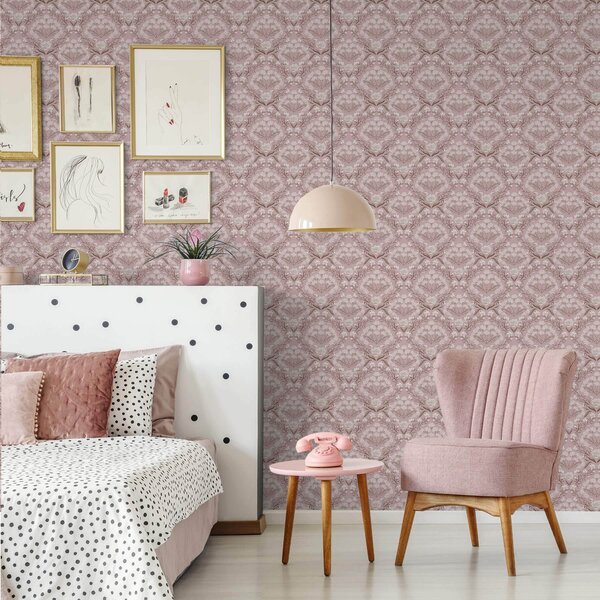 Carta da parati Damasco rosa: peonie, bucaneve e grappoli di pizzo, Parati fiori e piante classici, a00603 : Uwalls.it