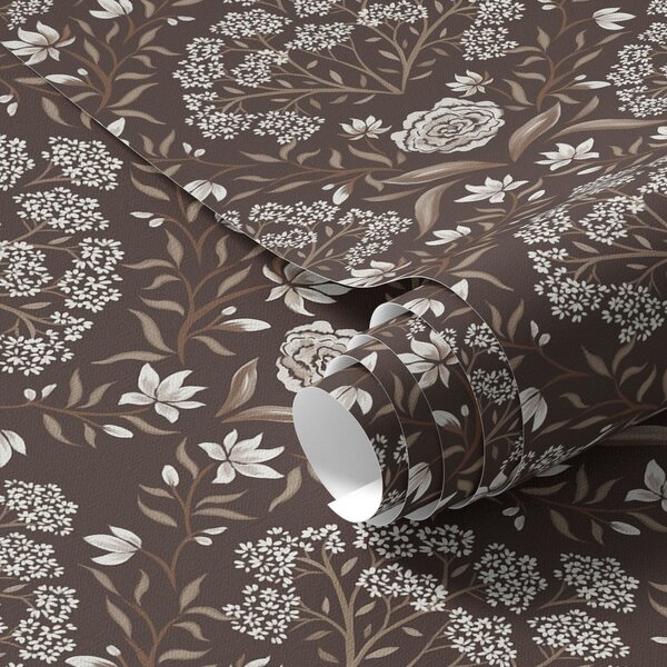 Carta da parati Cioccolato fondente damascato con peonie e bucaneve, Parati fiori e piante classici, a00603v2 : Uwalls.it