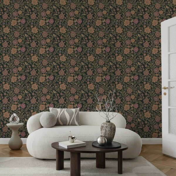Carta da parati Fiori autunnali e uccelli su sfondo verde smeraldo intenso, Parati fiori e piante classici, a00605v1 : Uwalls.it