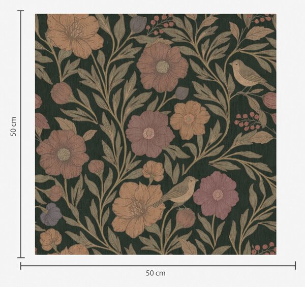 Carta da parati Fiori autunnali e uccelli su sfondo verde smeraldo intenso, Parati fiori e piante classici, a00605v1 : Uwalls.it