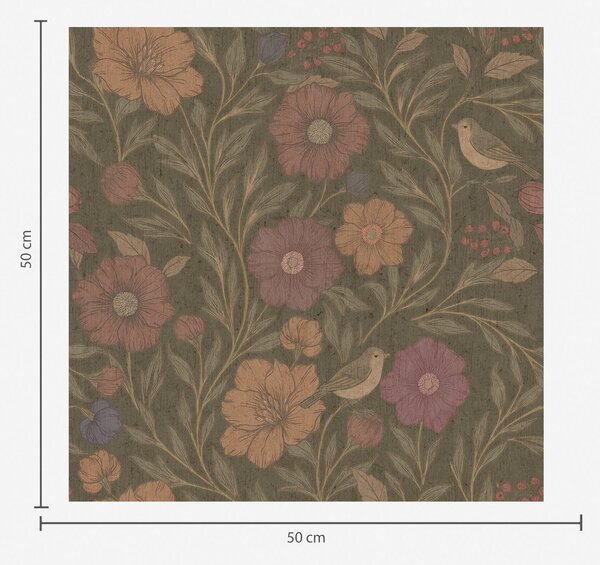 Carta da parati Fiori autunnali e uccelli su sfondo marrone oliva, Parati fiori e piante classici, a00605 : Uwalls.it