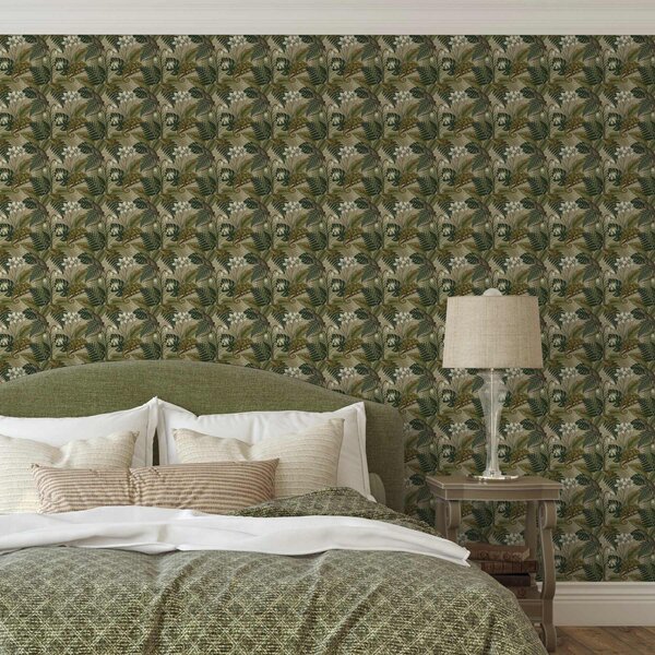 Carta da parati Camaleonti e foglie tropicali, fiori bianchi, sfondo beige, Parati fiori e piante classici, a00608 : Uwalls.it