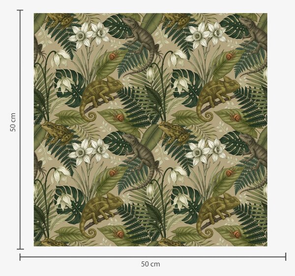 Carta da parati Camaleonti e foglie tropicali, fiori bianchi, sfondo beige, Parati fiori e piante classici, a00608 : Uwalls.it